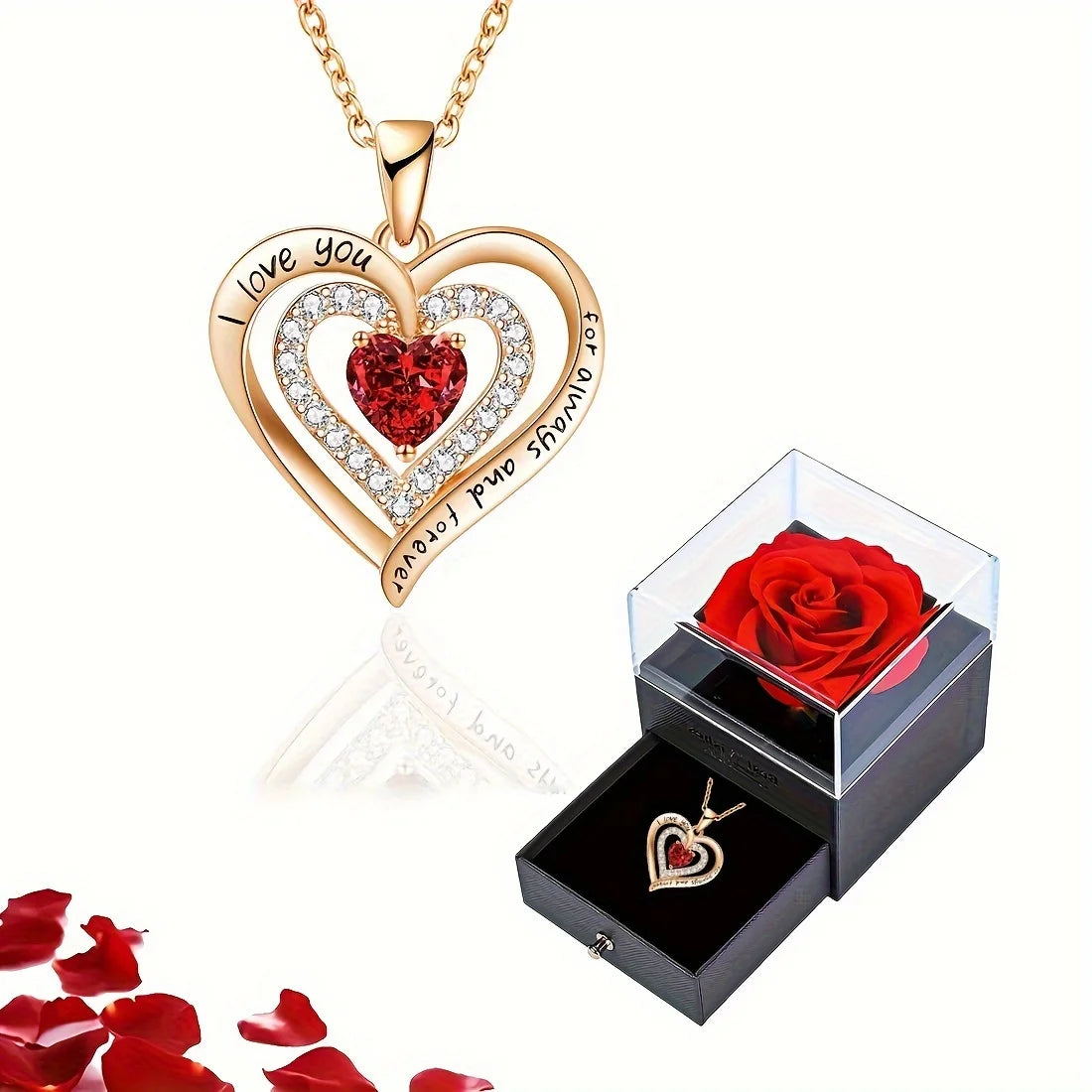 Red Zircon Pendant Necklaces With Rose Flower Gift Box