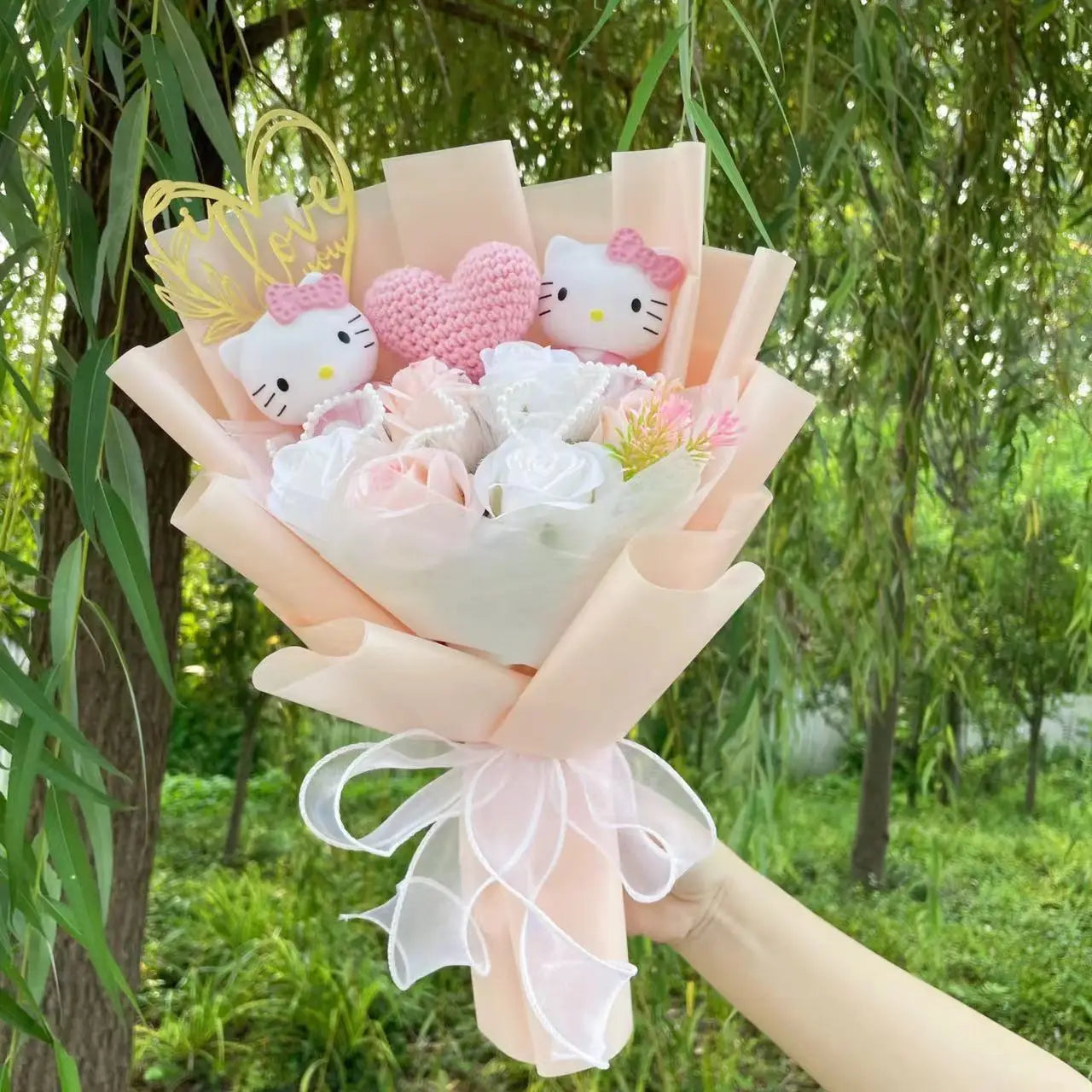 Kawaii Hello Kitty Cat Dolls With Artificial Flowers