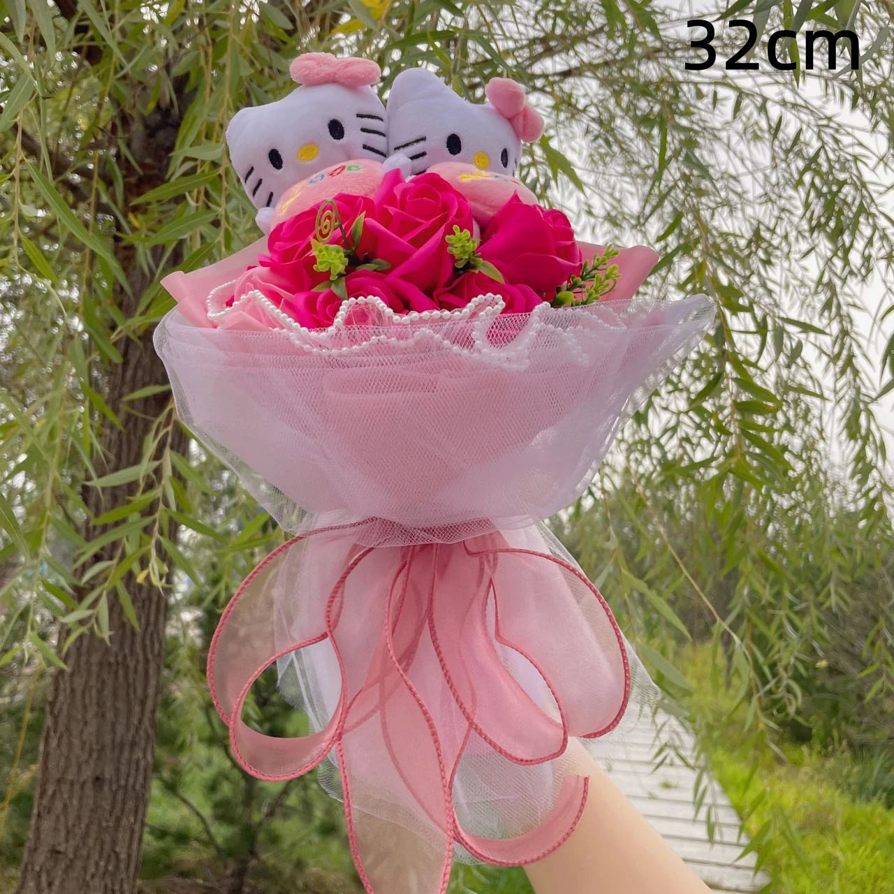 Kawaii Hello Kitty Cat Dolls With Artificial Flowers