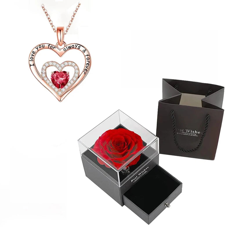 Red Zircon Pendant Necklaces With Rose Flower Gift Box