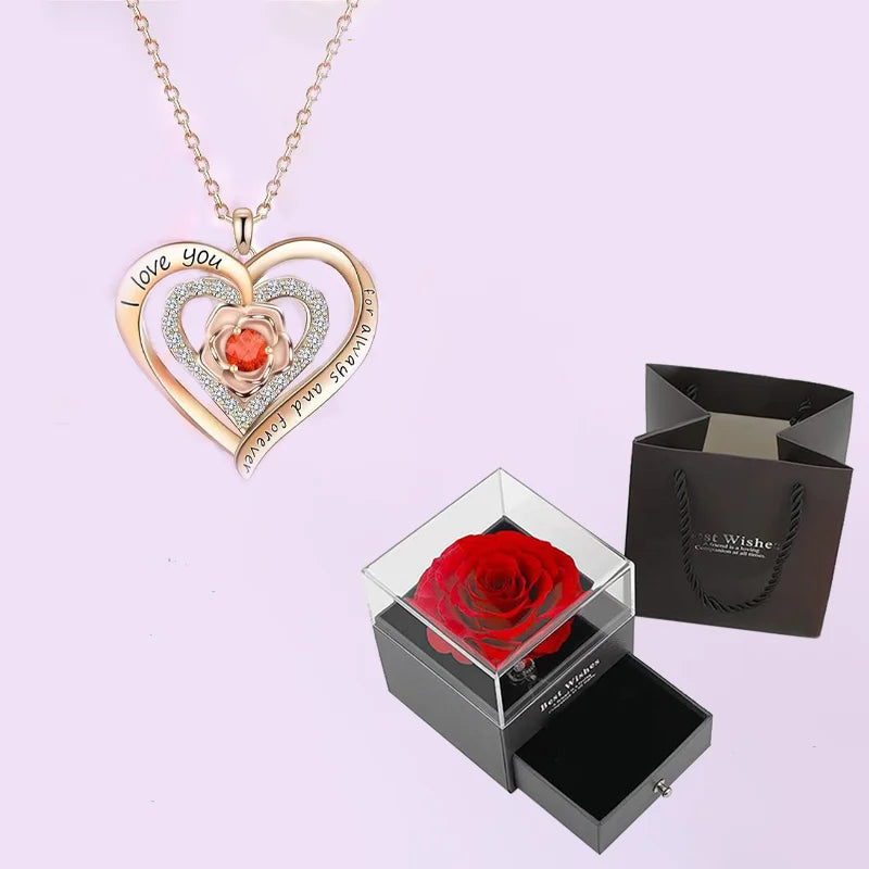 Red Zircon Pendant Necklaces With Rose Flower Gift Box