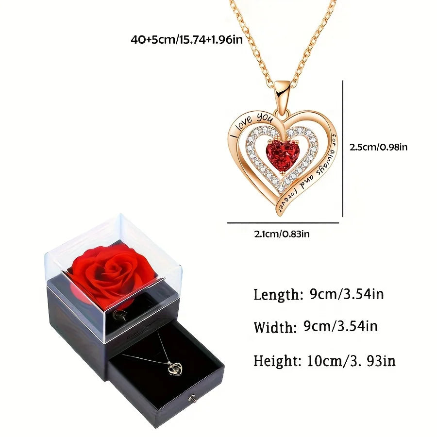 Red Zircon Pendant Necklaces With Rose Flower Gift Box