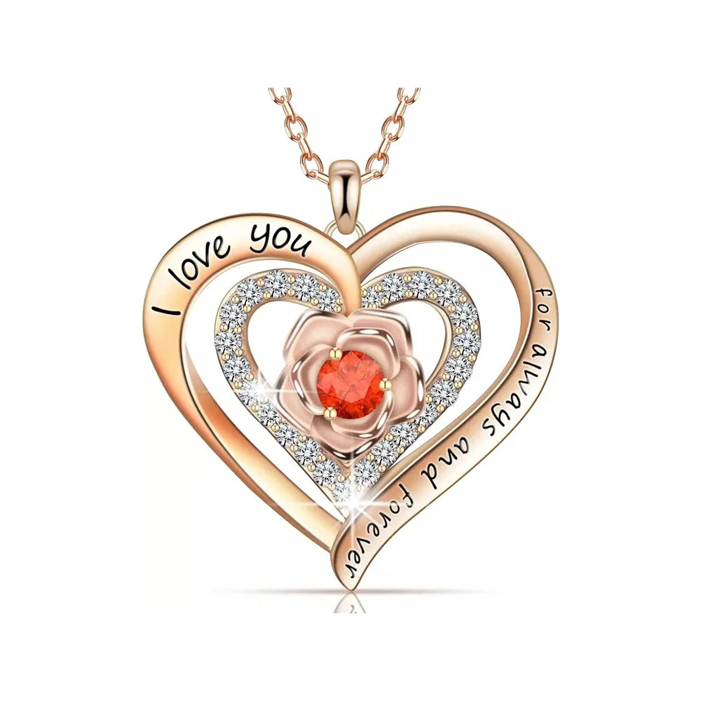 Red Zircon Pendant Necklaces With Rose Flower Gift Box